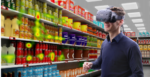 Picture of a man shopping in a virtual supermarket wearing a virtual reality headset